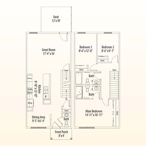 Floor plan for 3 beds, 2.5 baths, 1184 sqft